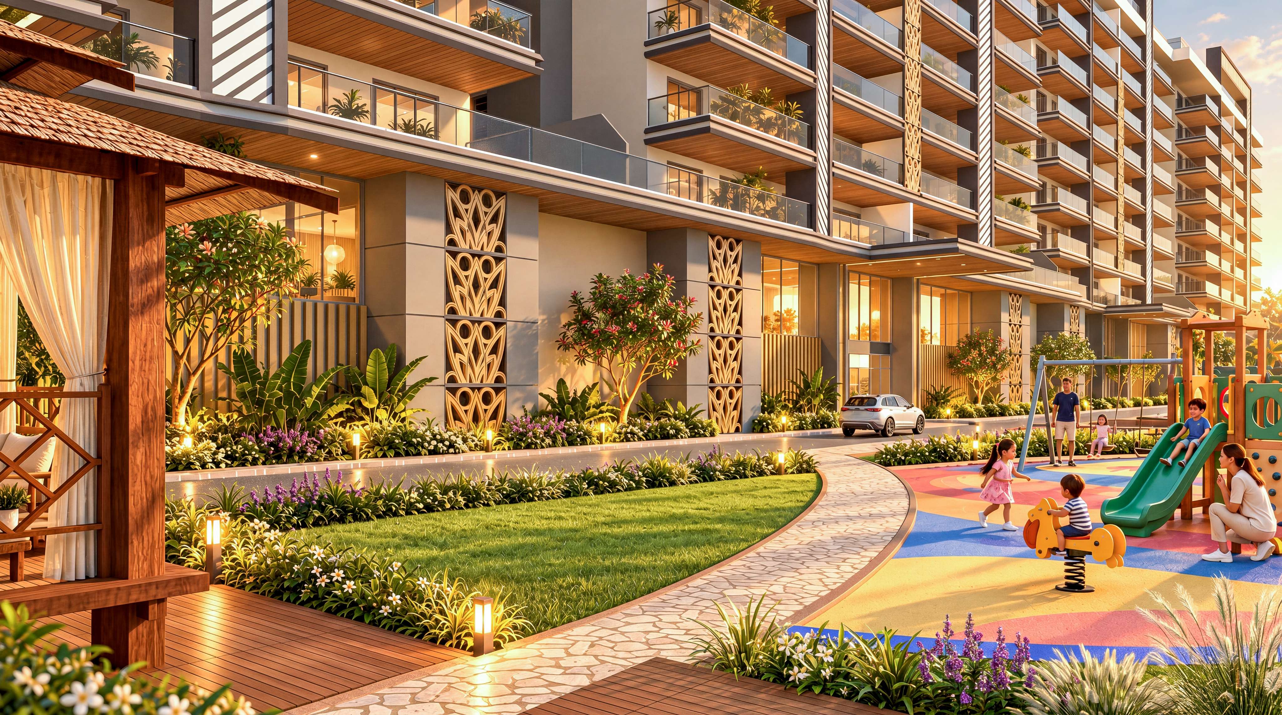 3D exterior render of KK Lake City homes and landscaped amenities
