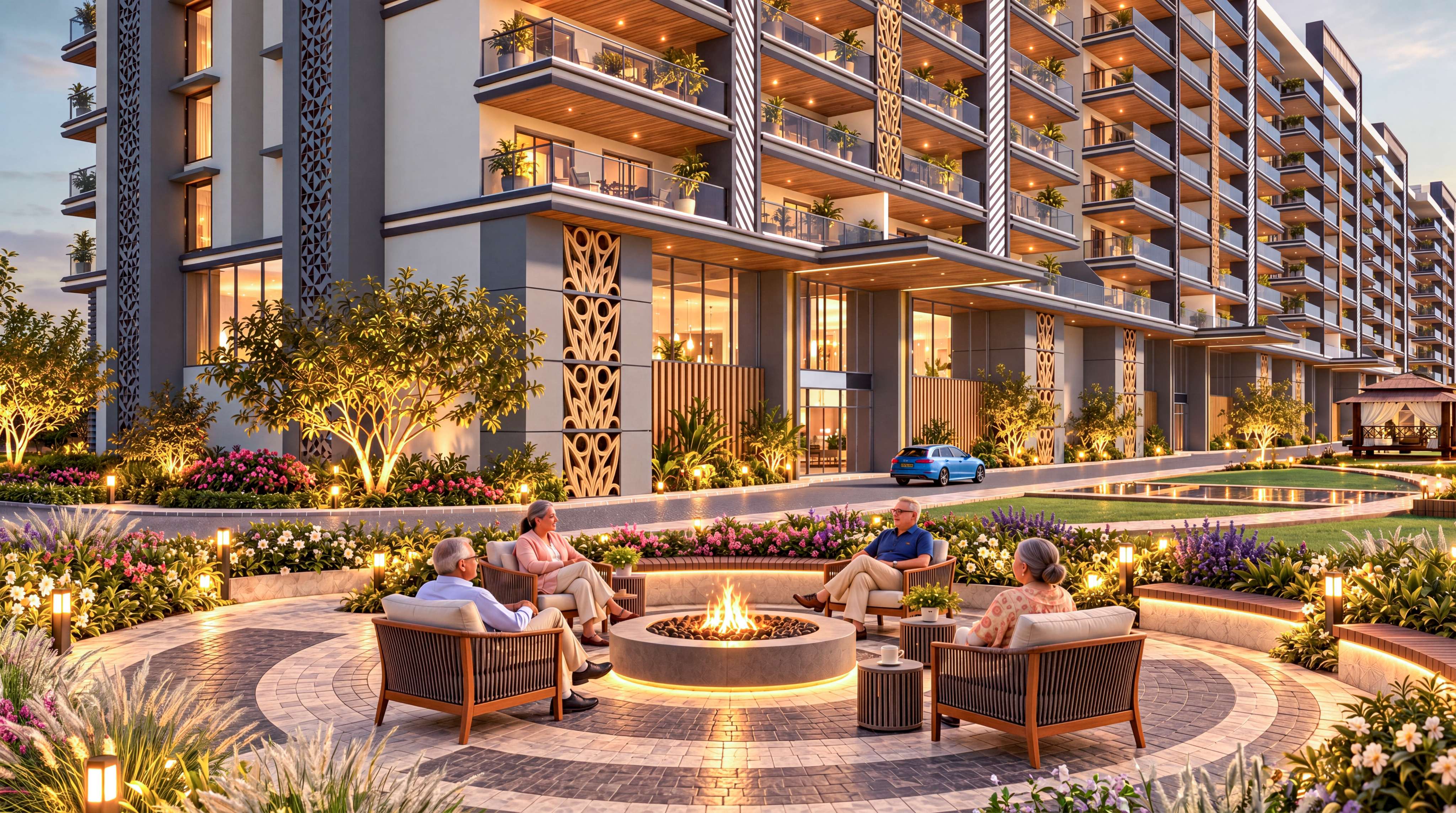 3D exterior render of KK Lake City homes and landscaped outdoor amenities